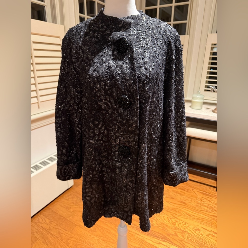 JM Collection Black and Silver Textured Sequin Sparkle Jacket Topper
